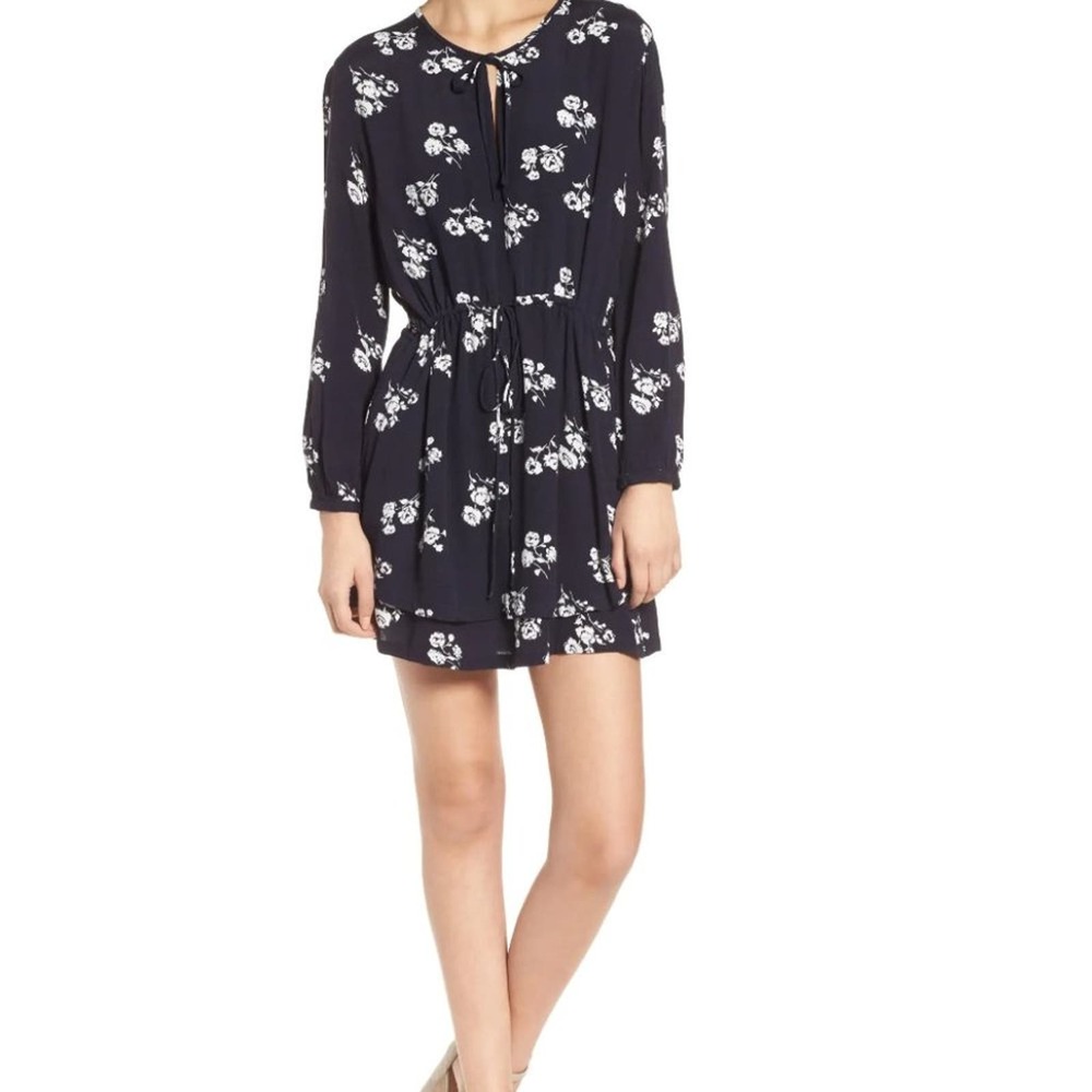 Rails Sonya Navy White Floral Mini Drawstring Waist Long Sleeve Dress Medium